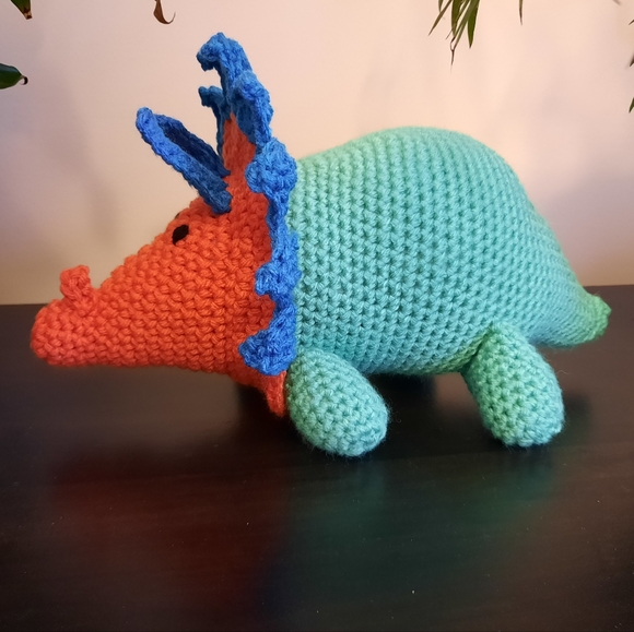 Handmade Crochet Triceratops Dinosaur Plush Toy Amigurumi - Picture 3 of 8